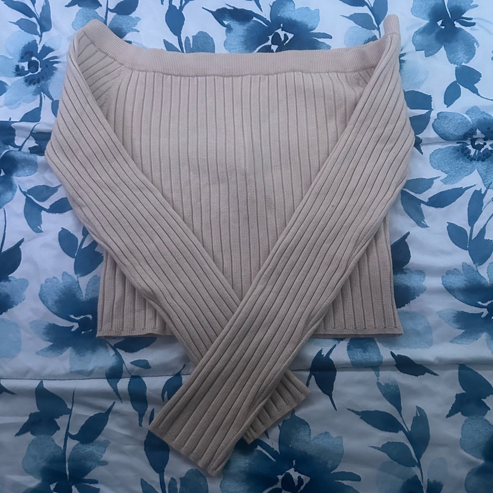 Beige Ribbed Knit Sweater